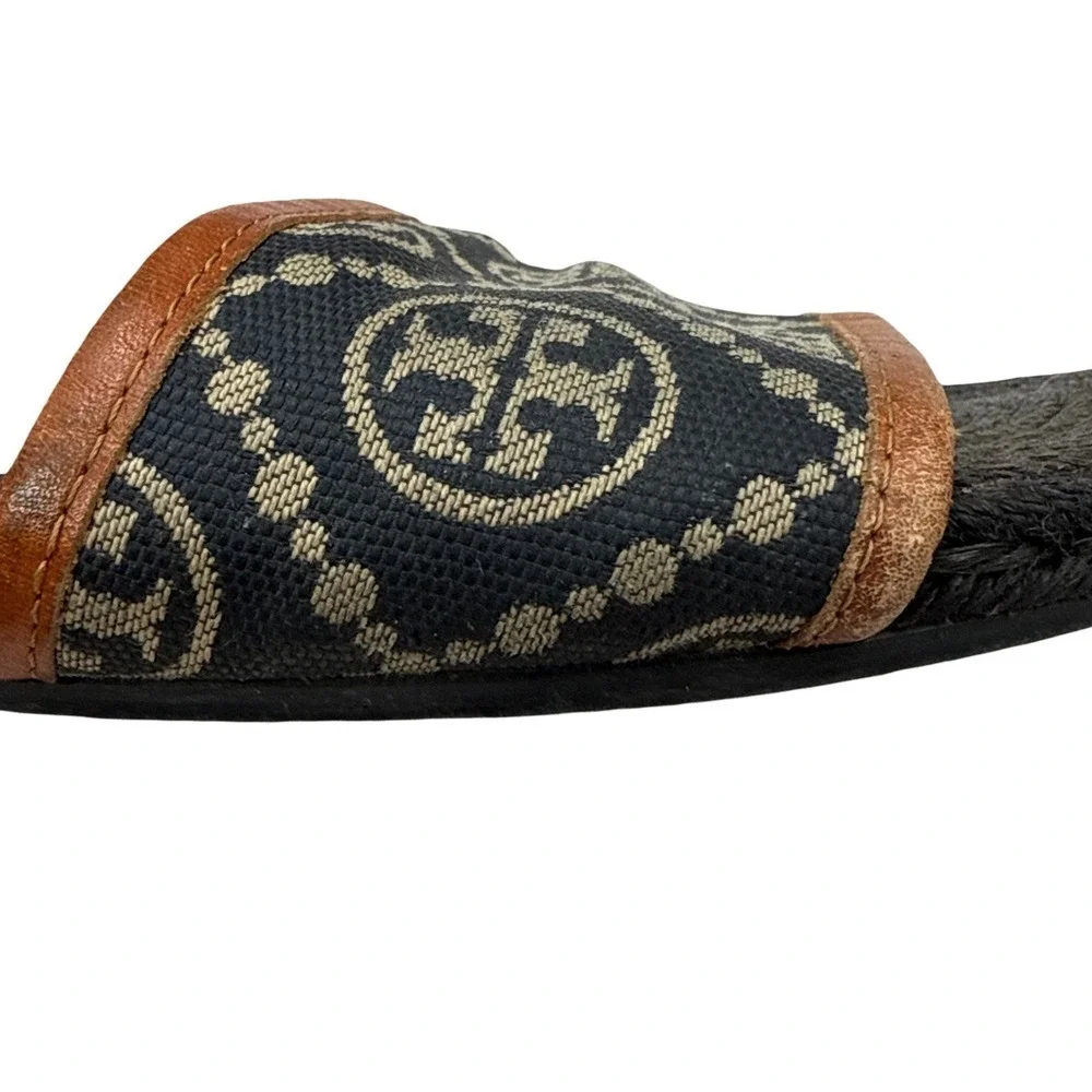 Tory Burch T Monogram‎ Espadrille Slides Size 6 Logo Sandals Navy Tan